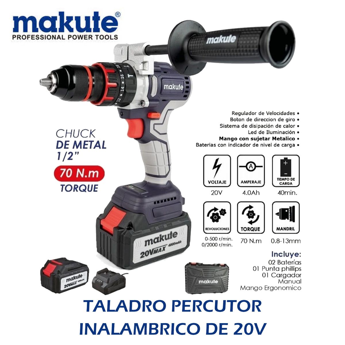 MAKUTE - TALADRO PERCUTOR INALAMBRICO DE 20V – 4.0 AH – MAKUTE