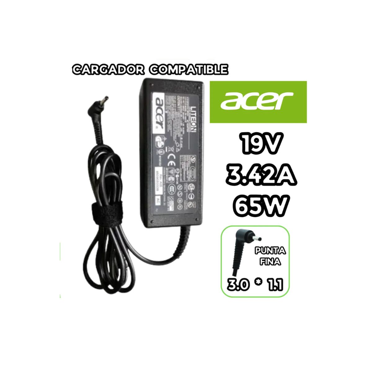 GENERICO - CARGADOR PARA LAPTOP ACER 19V 342A 65W 3011 PUNTA FINA