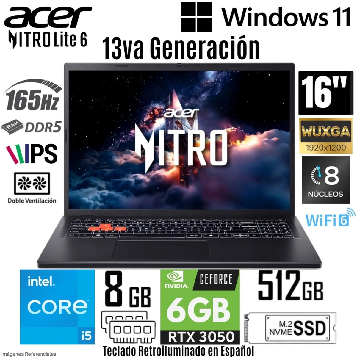 ACER - Laptop Acer Nitro Lite 6 NL16-71G-52K7 Intel Core i5-13420H 8GB RAM 512GB SSD RTX3050 6GB  16”