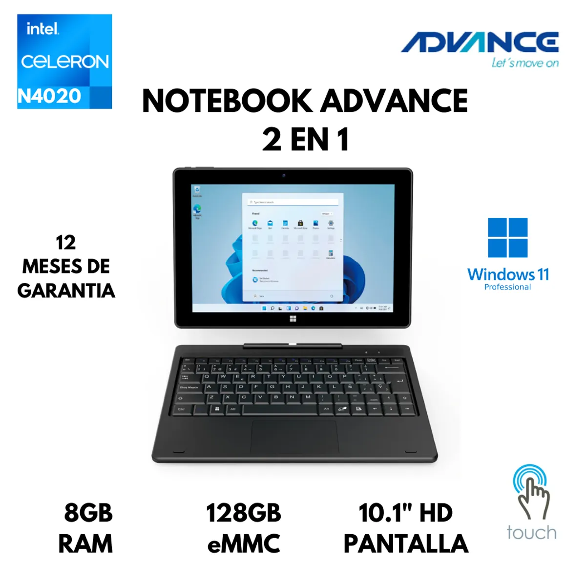 ADVANCE - LAPTOP ADVANCE CN4058 2 EN 1 CELERON N4020 8GB RAM 128GB EMMC 10.1" IPS