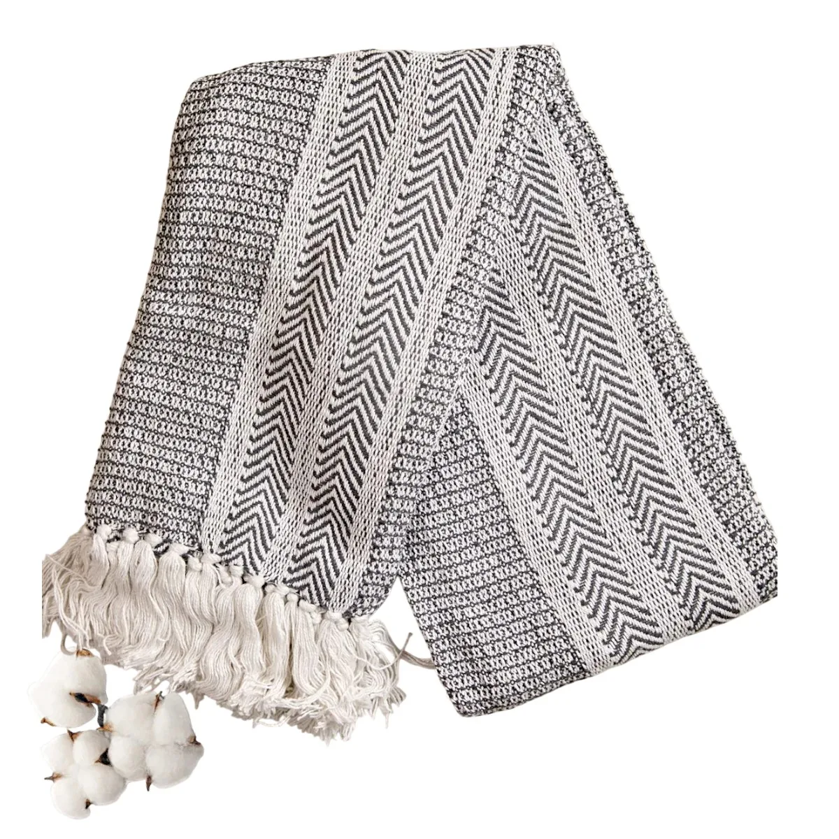 GENERICO - Manta Colcha Decorativa Isla de algodón 100% - Blanco con Negro o Beige