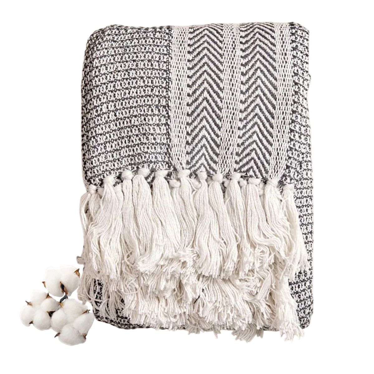 GENERICO - Manta Colcha Decorativa Isla de algodón 100% - Blanco con Negro o Beige