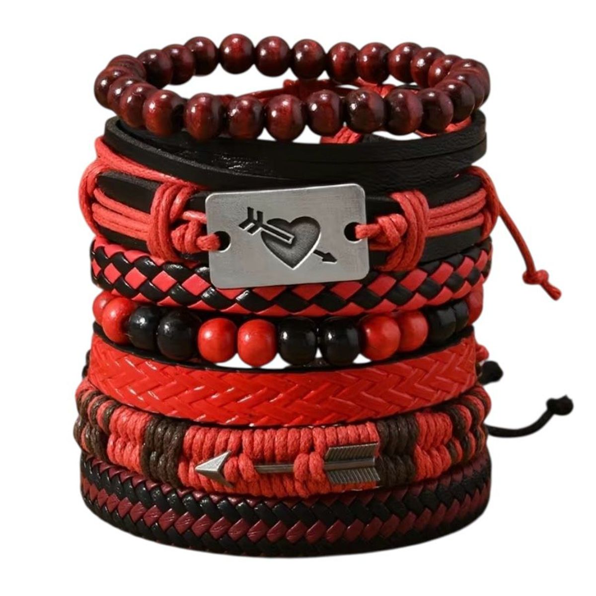 GENERICO - Set de 8 pulseras de cuero para caballeros rojo y negro
