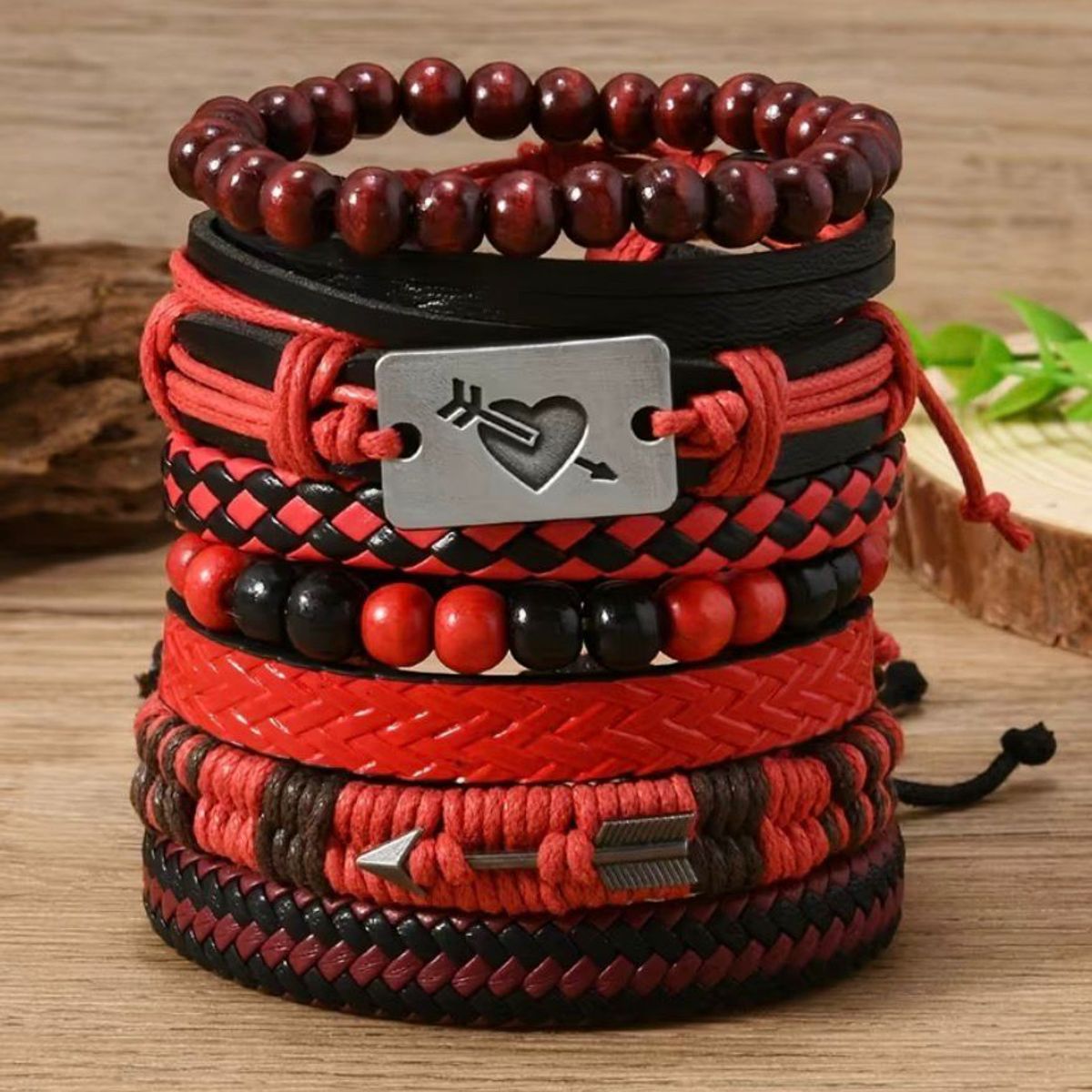 GENERICO - Set de 8 pulseras de cuero para caballeros rojo y negro