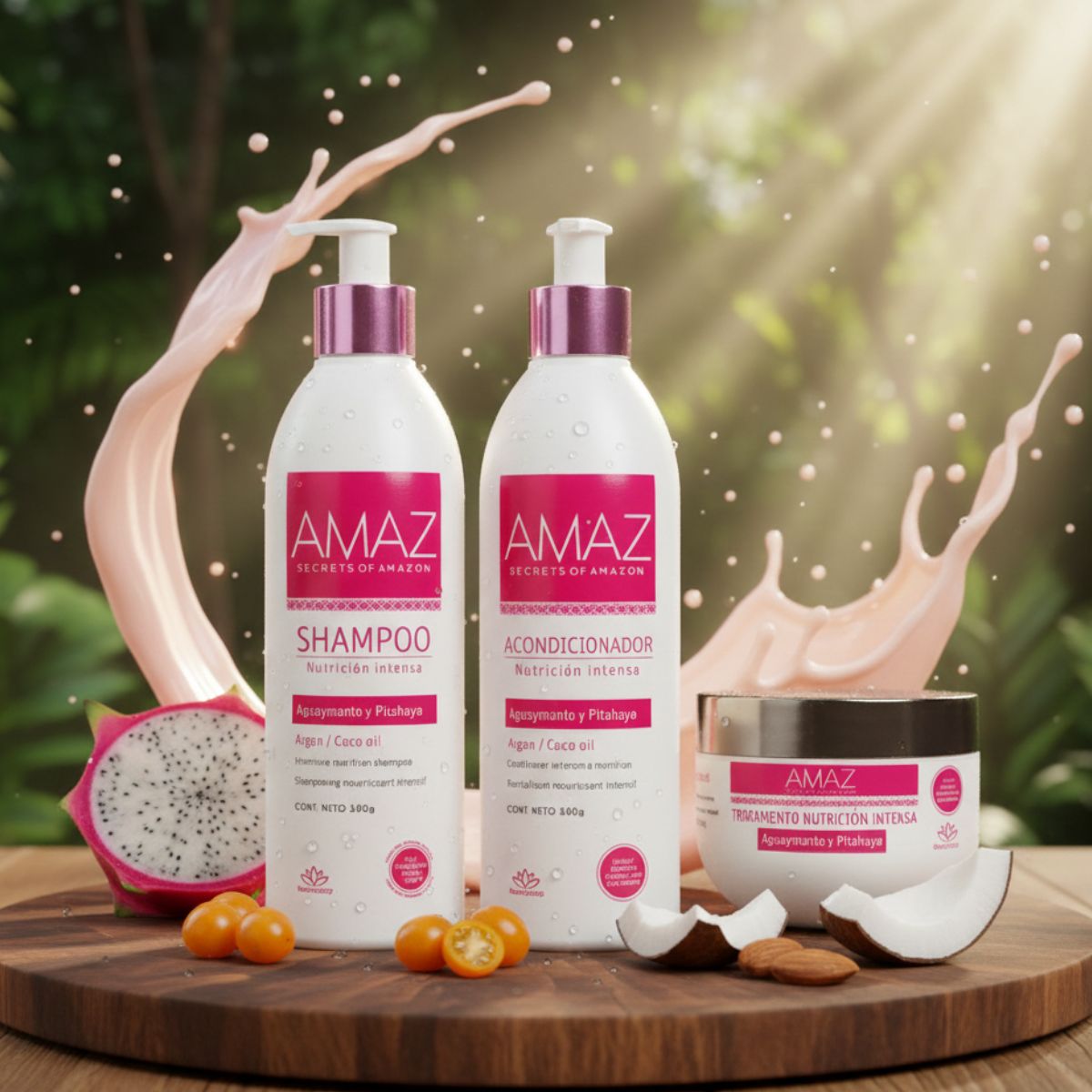 AMAZ SECRETS OF AMAZON - Kit Shampoo- Acondicionador Y Mascarilla Amaz Nutrición Intensa- Sin Sal- Post Alisado- 380gr