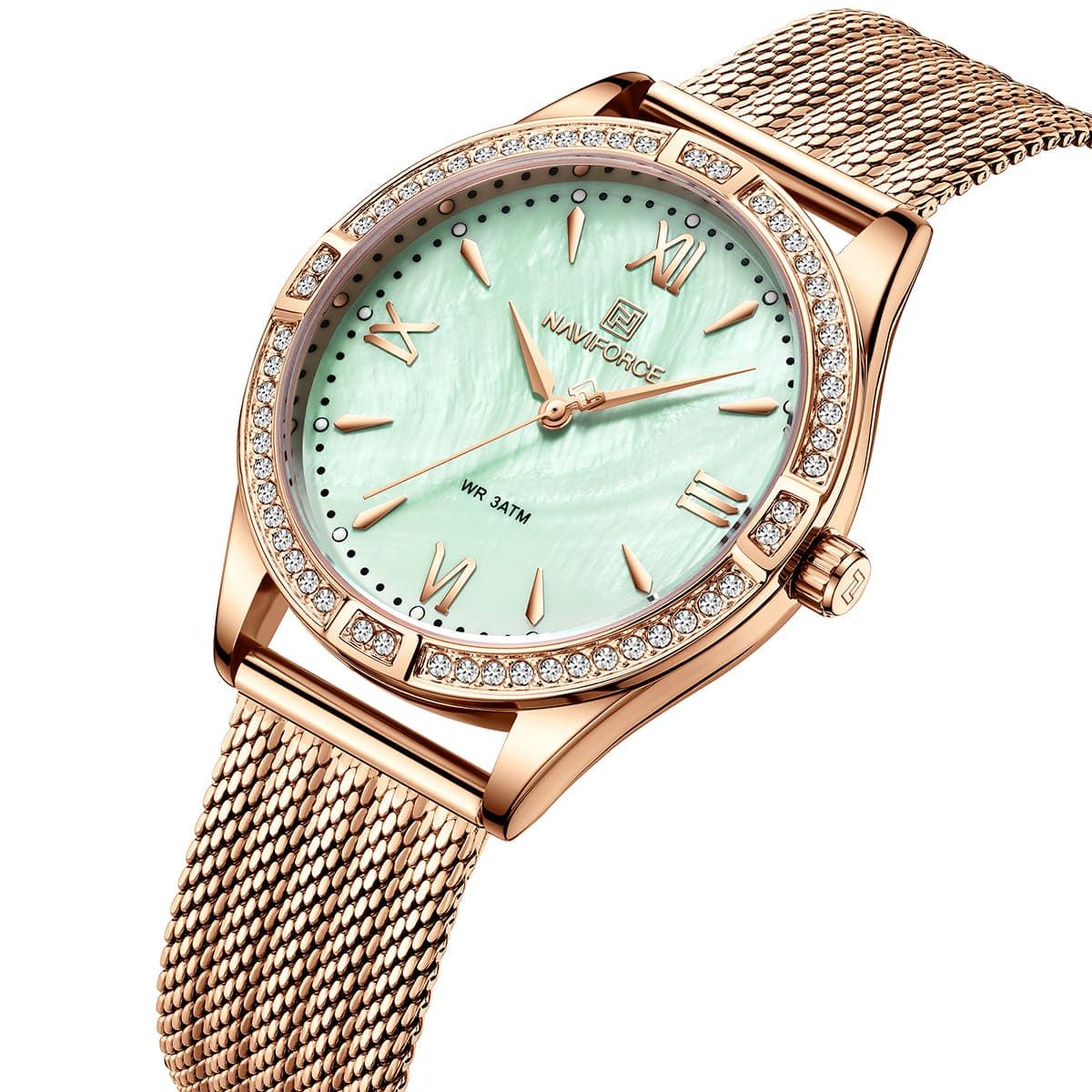 NAVIFORCE - Reloj Naviforce NF5028 Correa Acero color Oro Rosa con Fondo Verde agua Para Dama