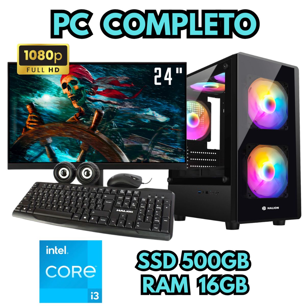 INTEL - PC RGB COMPUTADORA INTEL I3 SSD 500GB RAM 16GB MONITOR FHD 24