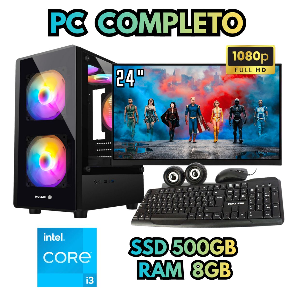 INTEL - PC RGB COMPUTADORA INTEL I3 SSD 500GB RAM 8GB MONITOR FHD 24