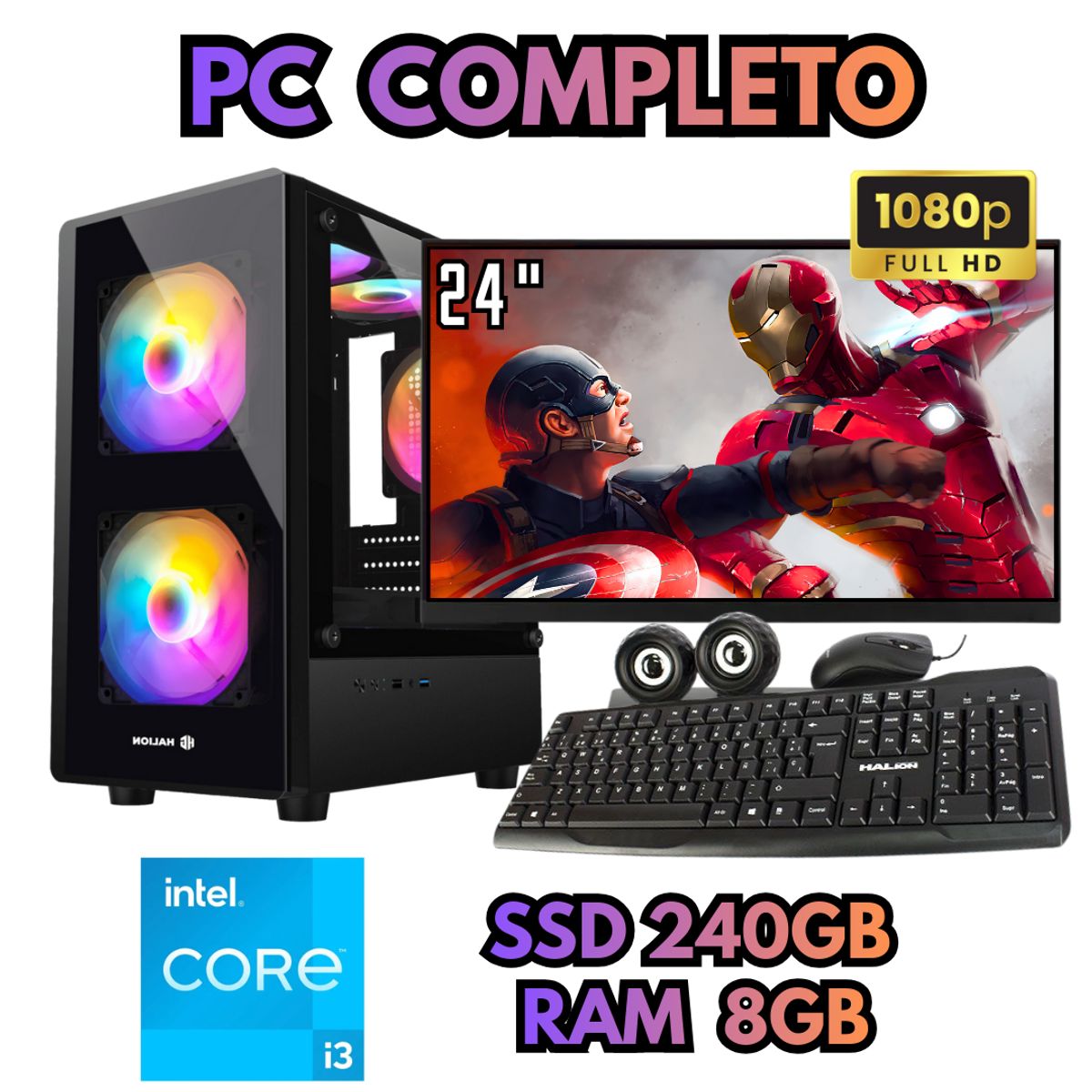INTEL - PC RGB COMPUTADORA INTEL I3 SSD 240GB RAM 8GB MONITOR FHD 24