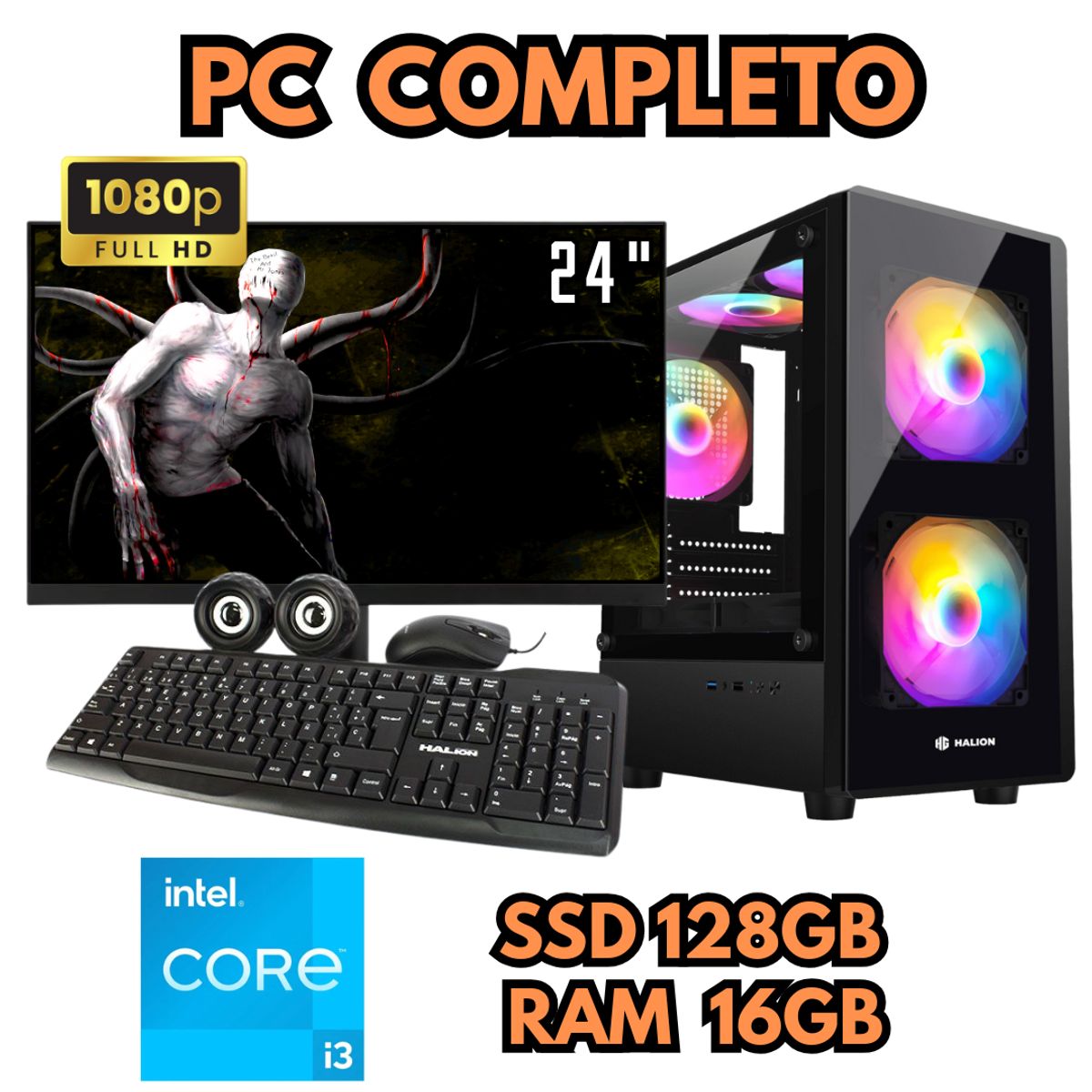 INTEL - PC RGB COMPUTADORA INTEL I3 SSD 128GB RAM 16GB MONITOR FHD 24