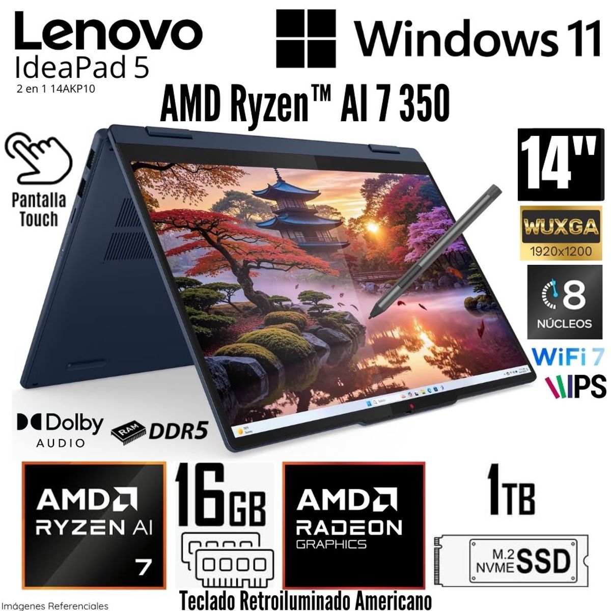 LENOVO - Laptop Lenovo IdeaPad 5 2 en 1 14AKP10 AMD Ryzen AI 7 350 16GB DDR5 RAM 1TB SSD 14"  WUXGA Touch
