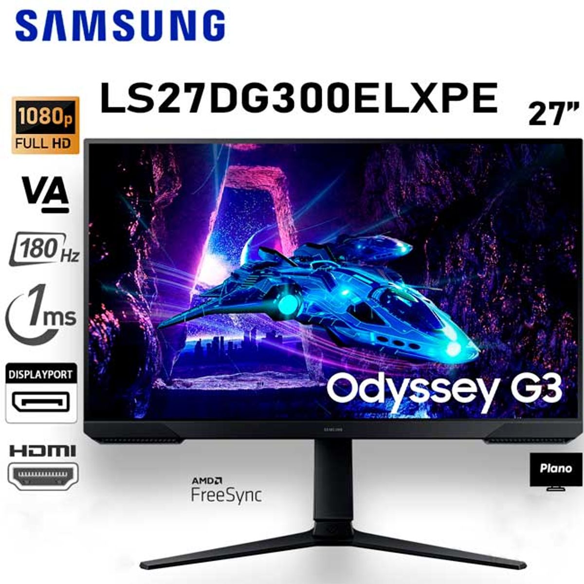 SAMSUNG - Monitor SAMSUNG LS27DG300ELXPE Odyssey G3 27 VA 180Hz 1ms FreeSync