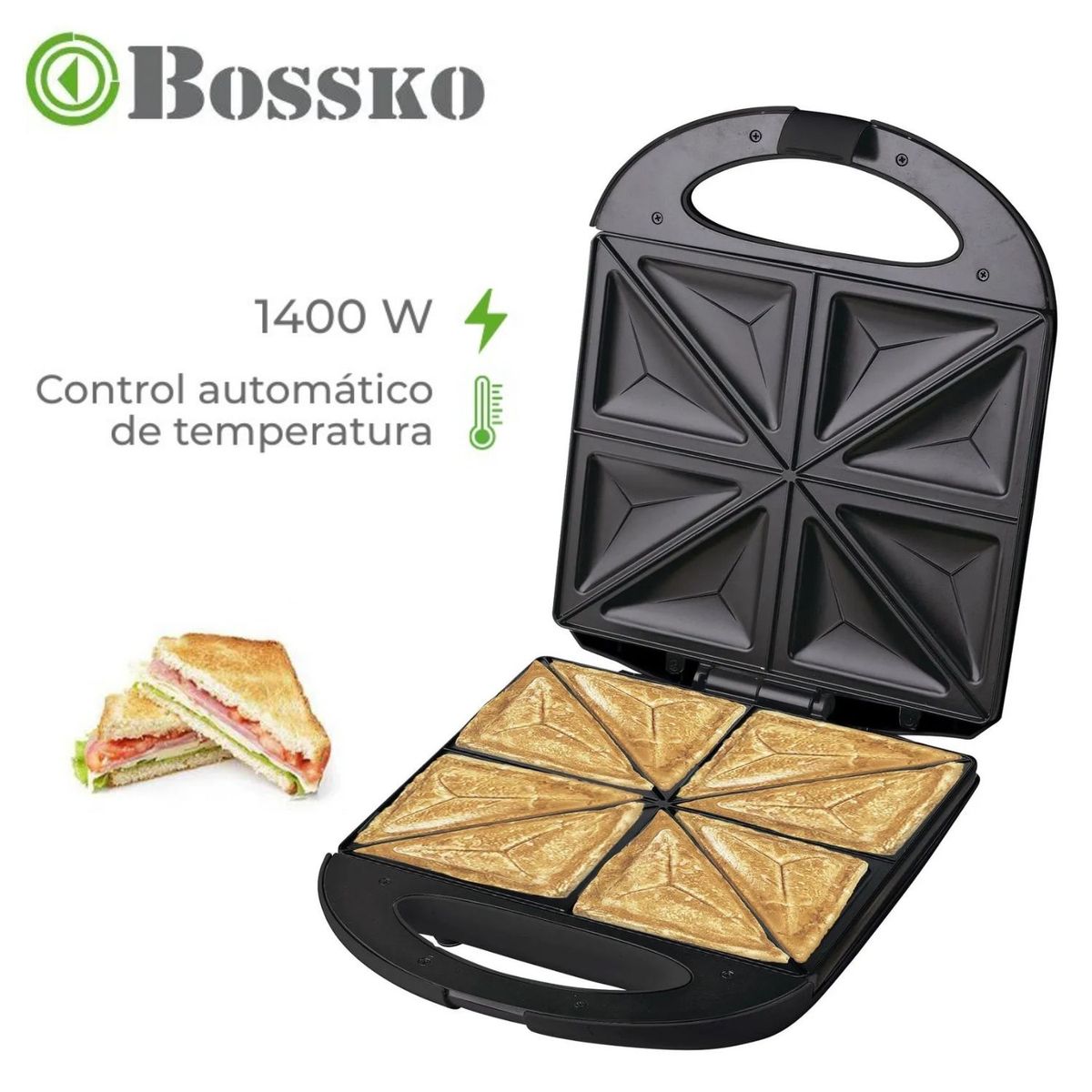 BOSSKO - Sándwich Maker 4 Panes Marca Bossko BK - 422SM4 Negro