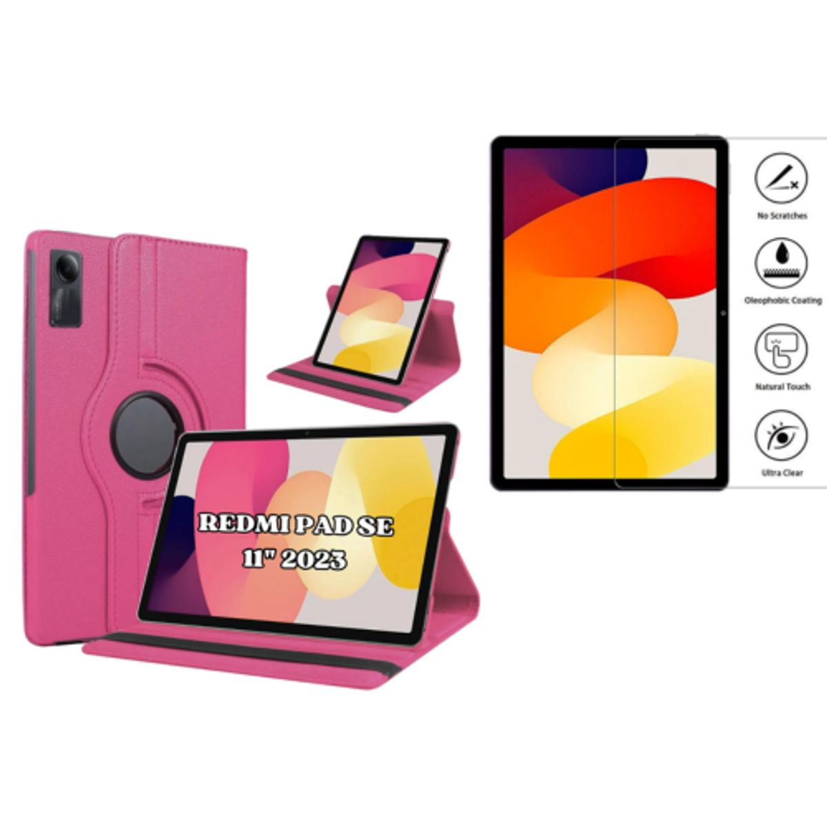 SPACE - Funda Protector Giratorio 360° para Redmi PAD SE 11 " - FUCSIA  + Mica de vidrio