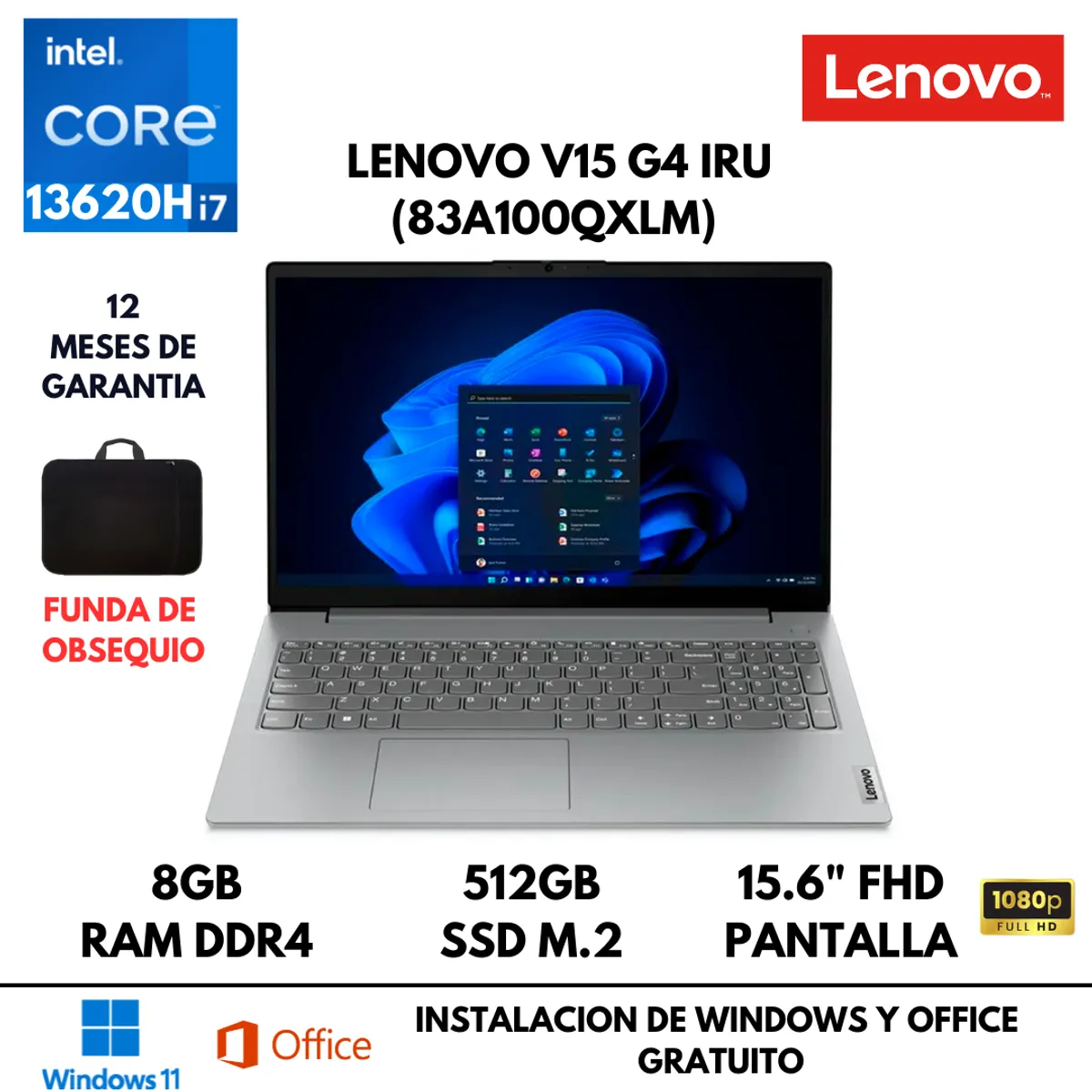LENOVO - LAPTOP LENOVO V15 G4 IRU CORE I7-13620H 8GB RAM DDR4 512GB SSD 156 FHD FREEDOS