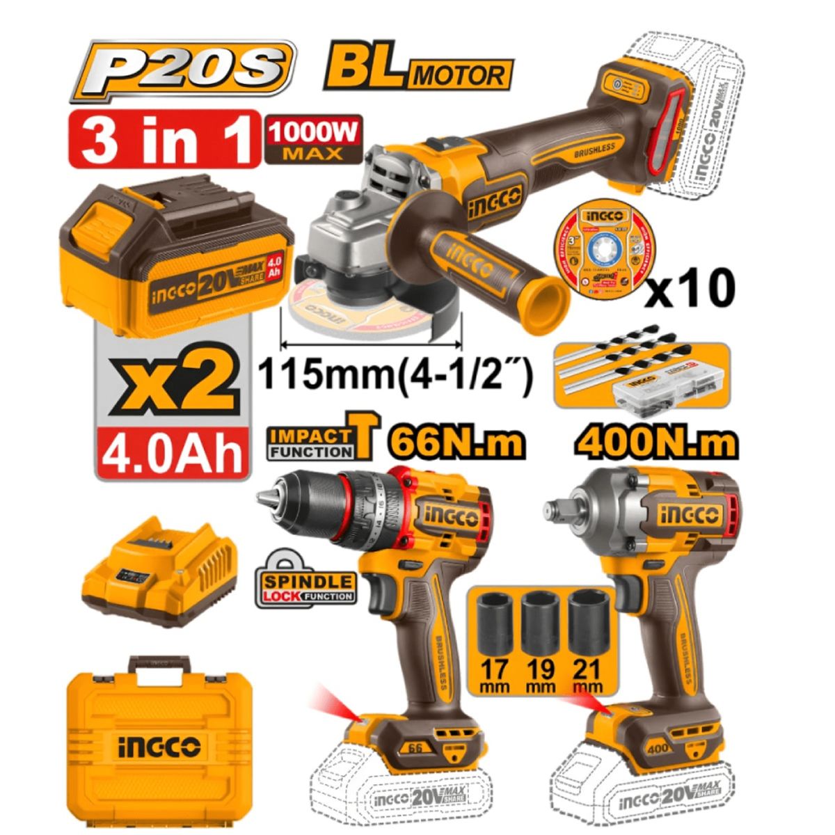 INGCO TOOLS - KIT 3 HERRAMIENTAS INGCO PERCUTOR 66NM + AMOLADORA 1000W + LLAVE DE IMPACTO 400NM COSLI241291