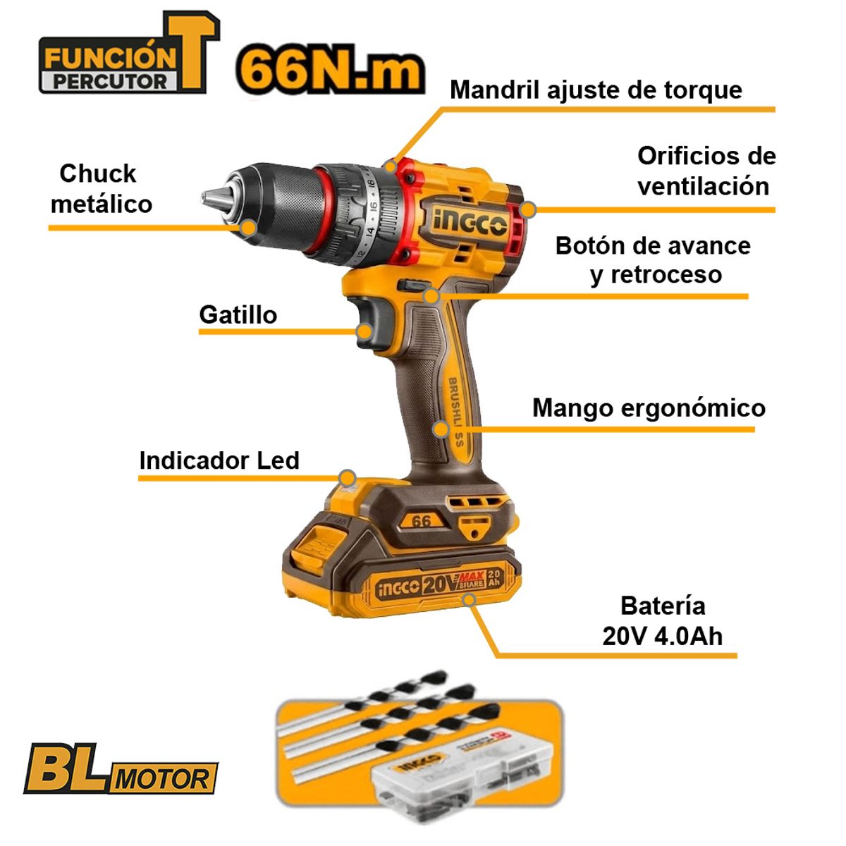 INGCO TOOLS - KIT 3 HERRAMIENTAS INGCO PERCUTOR 66NM + AMOLADORA 1000W + LLAVE DE IMPACTO 400NM COSLI241291