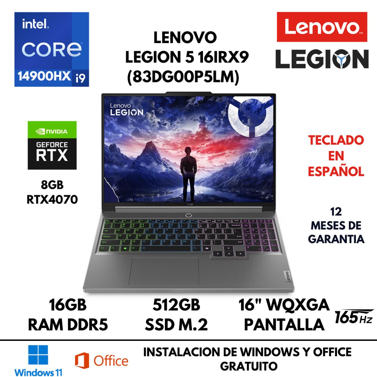 LENOVO - LAPTOP LENOVO LEGION 5 16IRX9 CORE I9 14900HX 16GB RAM 512GB SSD 8GB RTX4070 16" FREEDOS LATINA