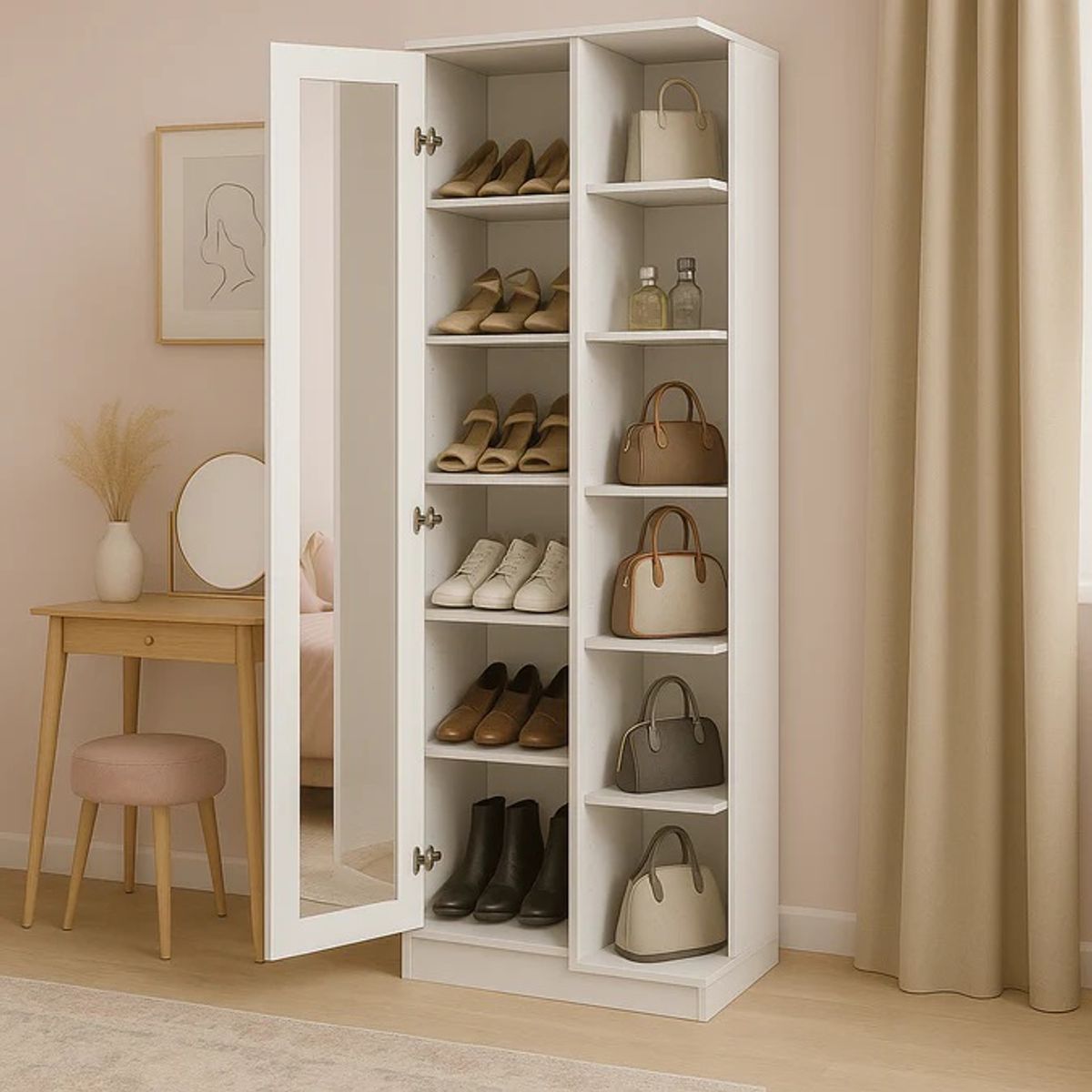 NACIONAL - Zapatera de Melamina Multifuncional con espejo - AMANDA