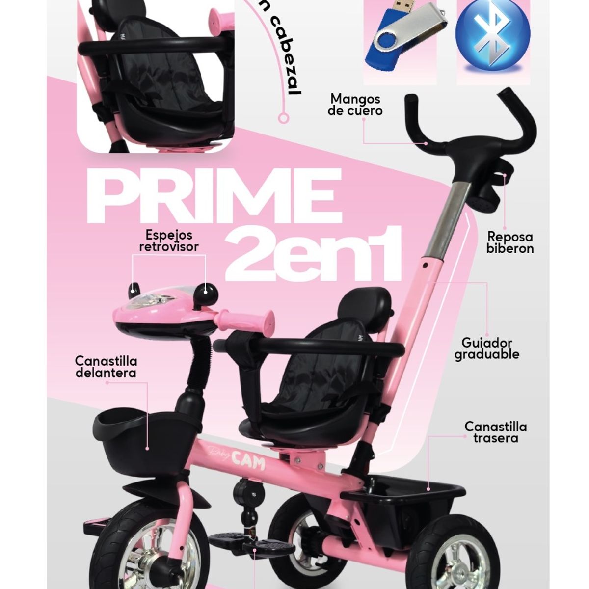 GENERICO - Triciclo para niños 2 en 1 Todo Terreno con Panel con Bluetooh y Asiento con protección