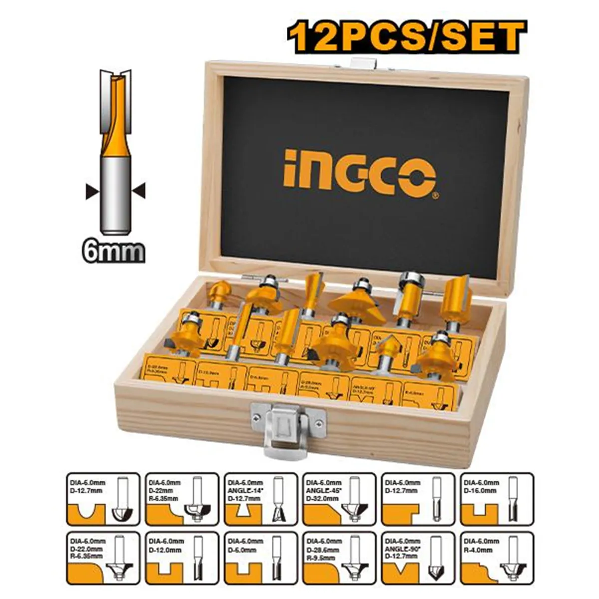 INGCO TOOLS - SET 12 FRESAS PARA RUTEADORA INGCO 6MM AKRT1201