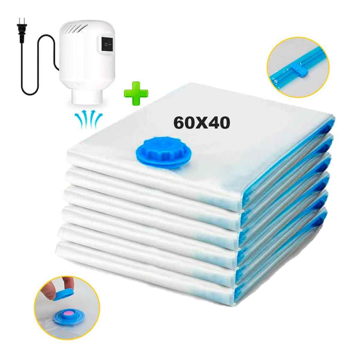 VARIOS - Pack 6 Bolsas de Aire al Vacío de Viaje 60x40cm + Bomba de Aire Alámbrico