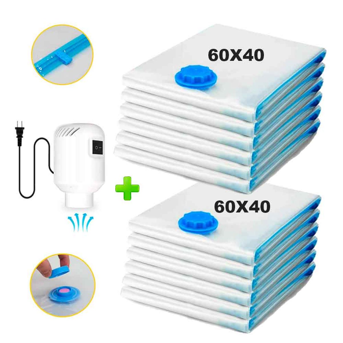 VARIOS - Pack 12 Bolsas de Aire al Vacío de Viaje 60x40cm + Bomba de Aire Alámbrico