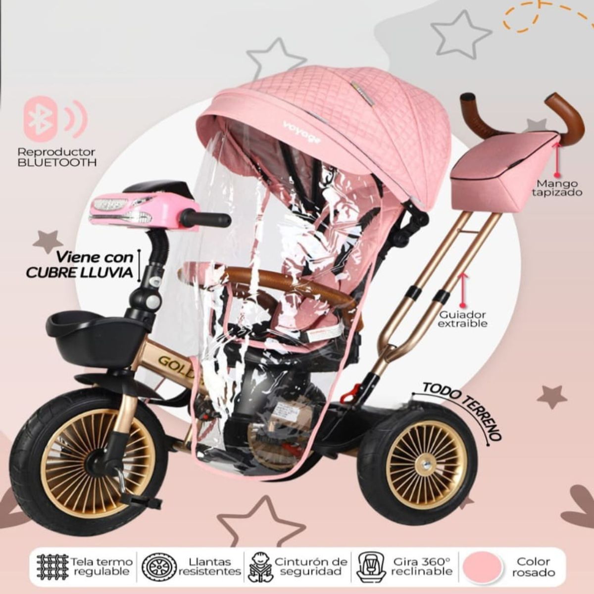 BABY - Triciclo para Niños Asiento Giratorio New Golden Rosa