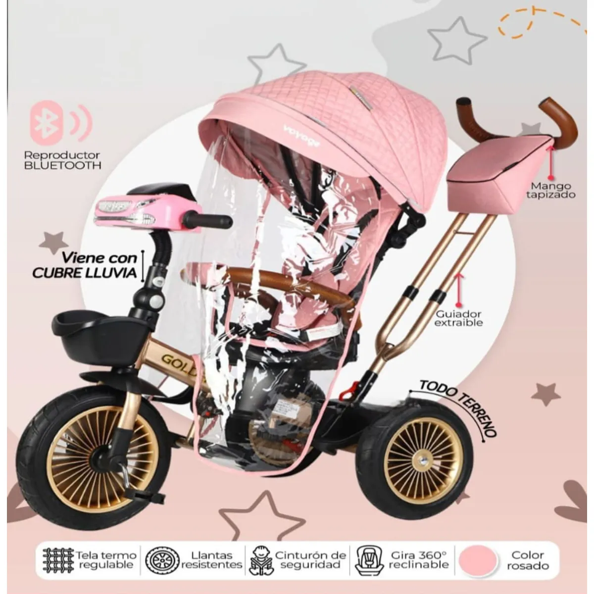 BABY - Triciclo para Niños Asiento Giratorio New Golden Rosa