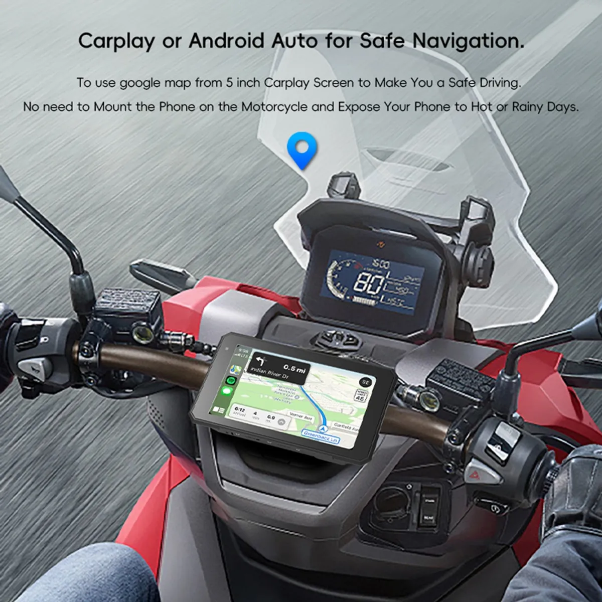 GENERICO - PANTALLA MOTO 5” CARPLAY Y ANDROID AUTO INALÁMBRICO IMPERMEABLE IPX7
