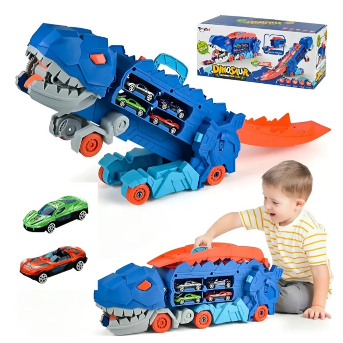 GENERICO - Camión Dinosaurio TRex 3 en 1 Pista, almacena y come autos