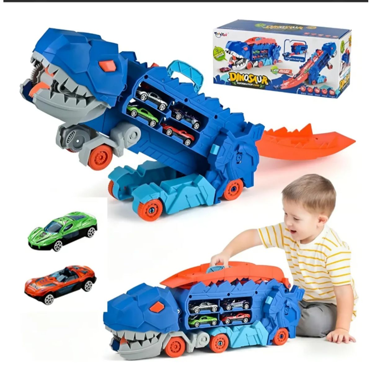 GENERICO - Camión Dinosaurio TRex 3 en 1 Pista, almacena y come autos