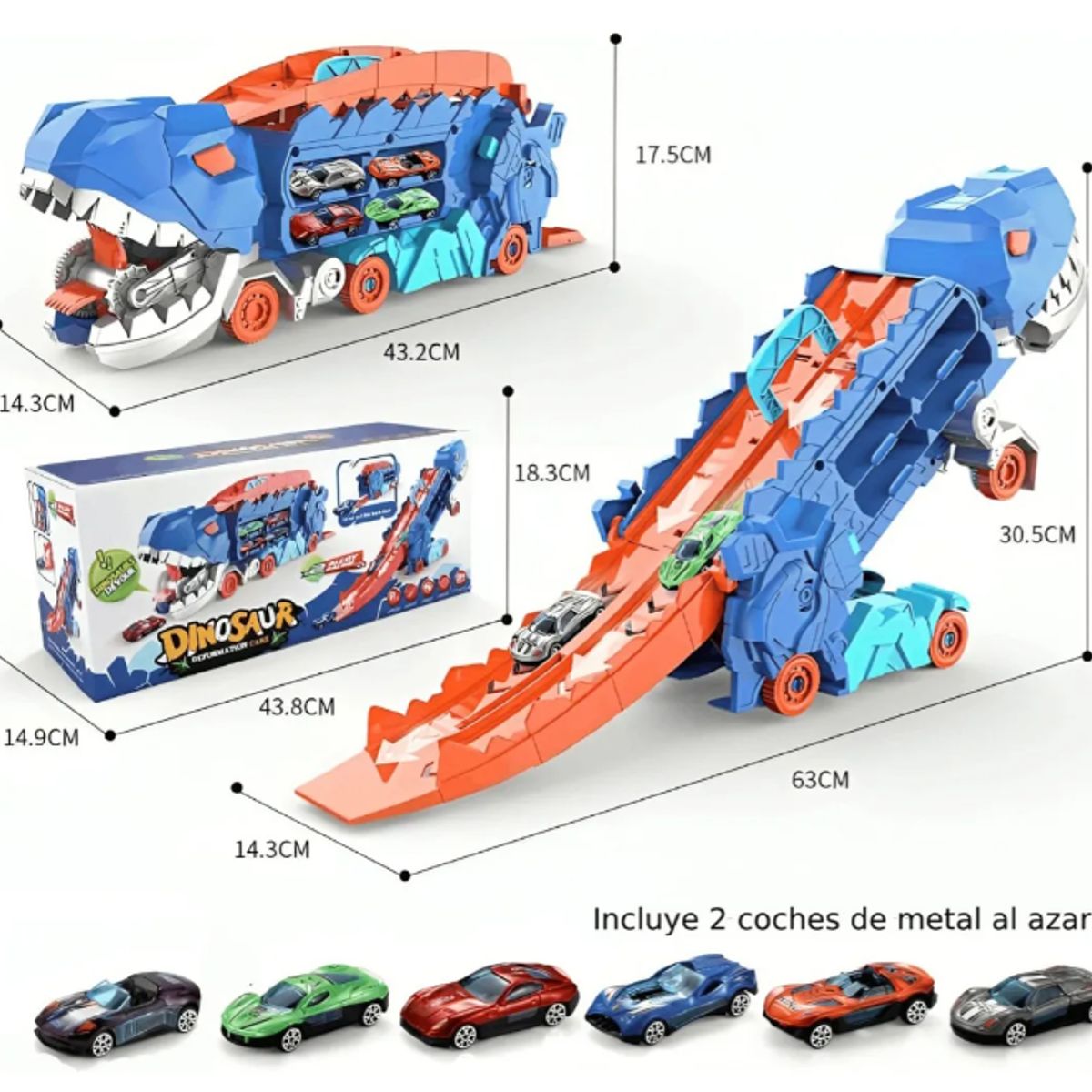 GENERICO - Camión Dinosaurio TRex 3 en 1 Pista, almacena y come autos