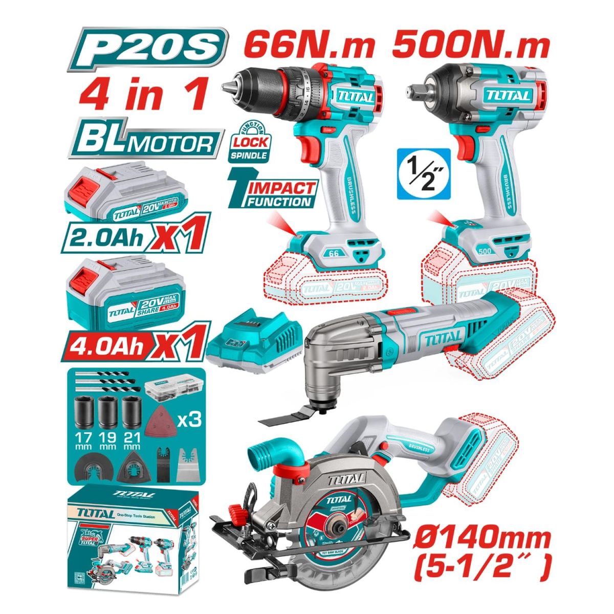 TOTAL TOOLS - Combo 4 en 1 Taladro 66nm + LLave de Impacto 500nm + Sierra Circular 5-1/2 + Herramienta Multi 20v
