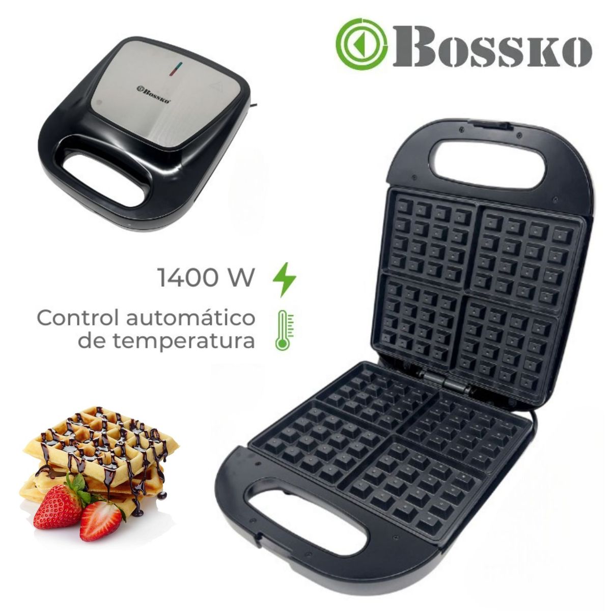 BOSSKO - Waflera Electrica Boskko BK-424WF4 Anti-adherente 4 Porciones Negro
