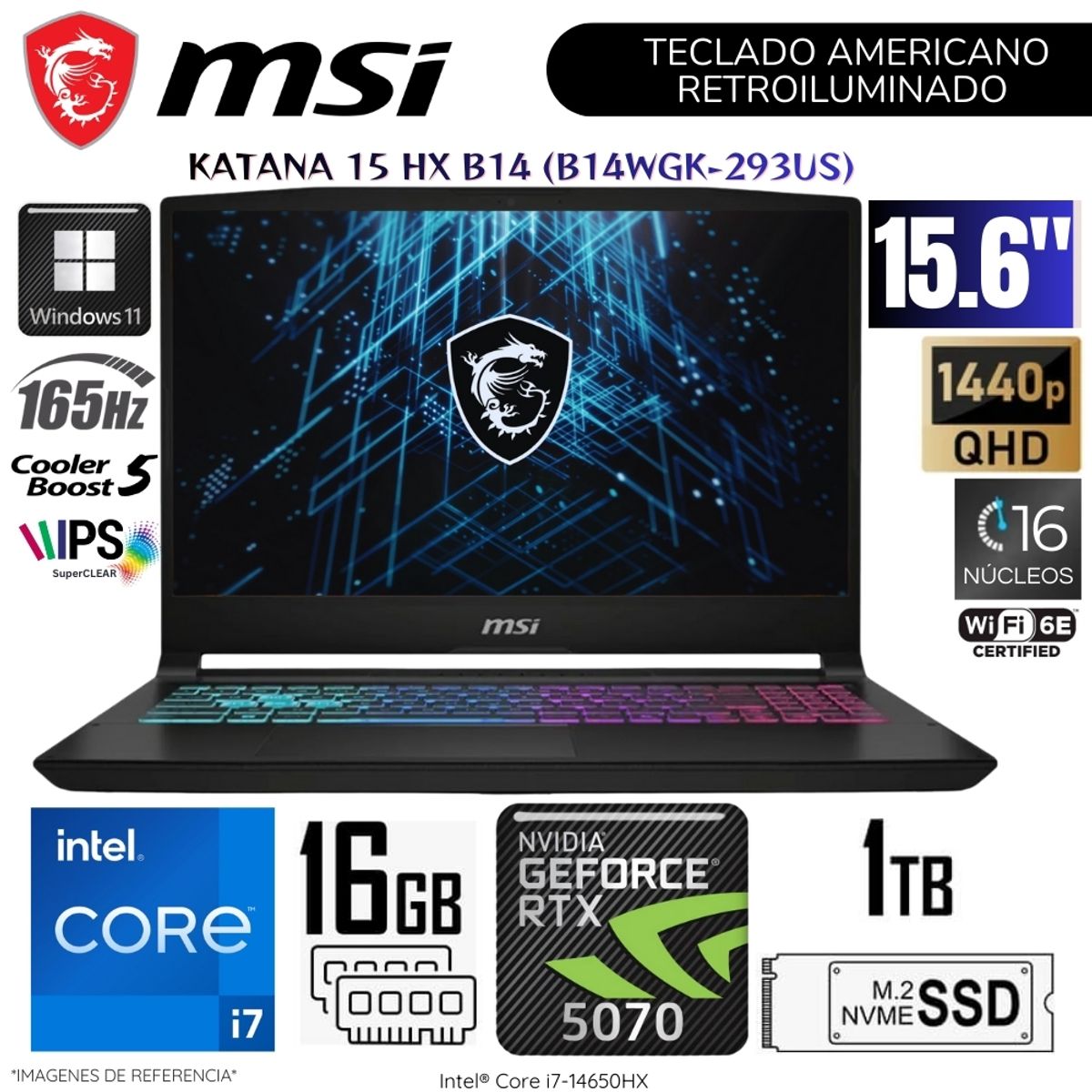 MSI - Laptop MSI Katana 15 HX B14 Intel Core i7-14650HX 16GB RAM 1TB SSD RTX 5070-8GB 15.6"  QHD 165Hz