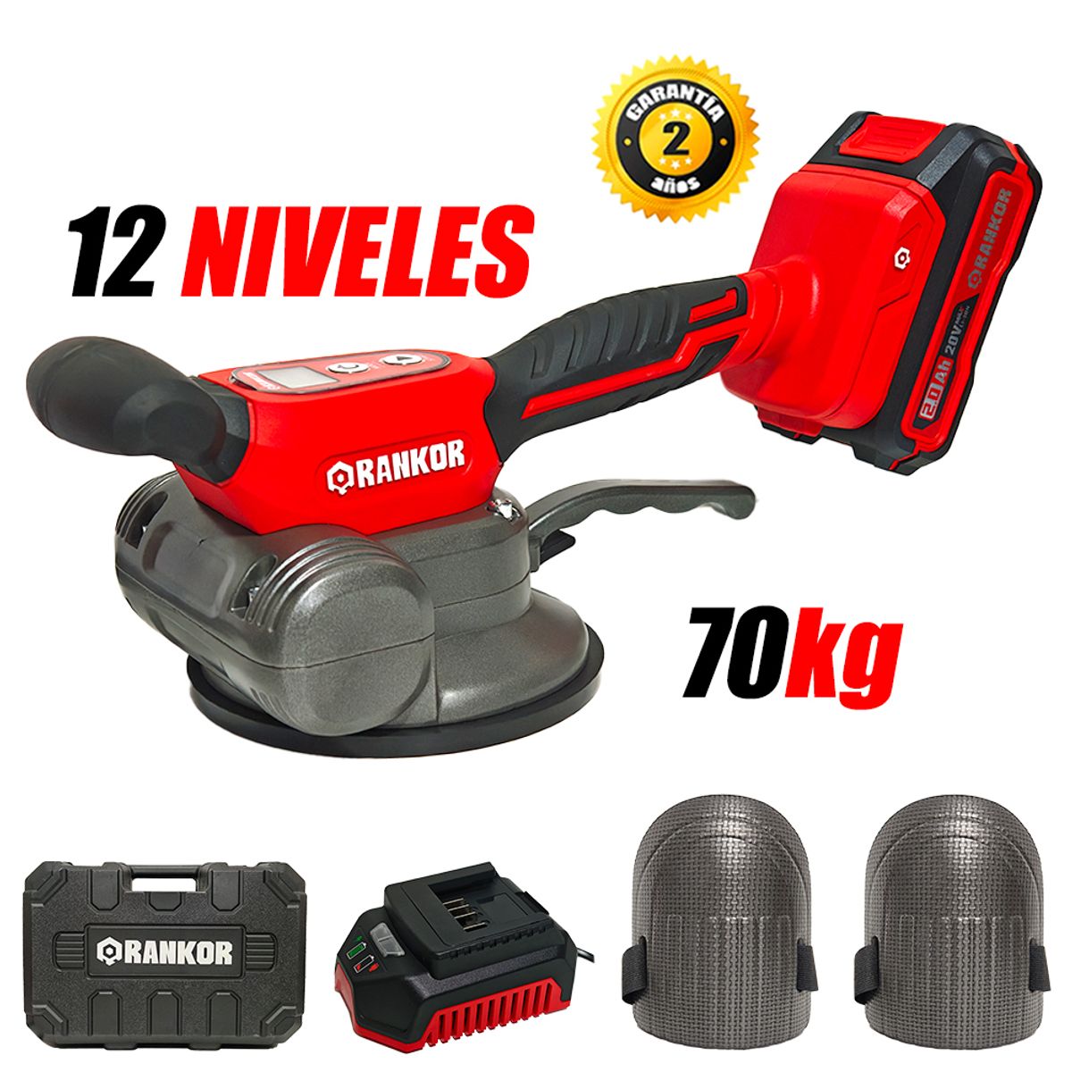 RANKOR - Ventosa Vibradora Cerámica Mayólica Inalámbrica Industrial RLTV2001 20V 135mm 70kg 12 Velocidades