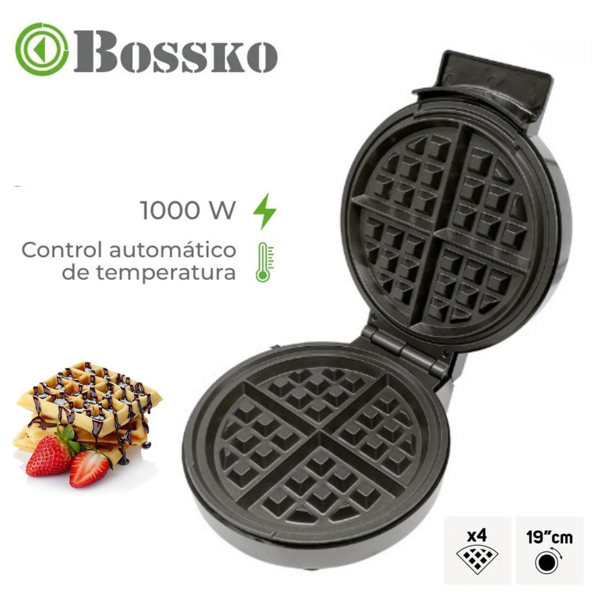 BOSSKO - Waflera Boskko Anti-adherente 4 Porciones Diámetro de la base de 19 cm Negro