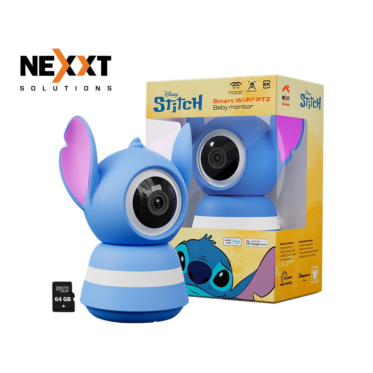 NEXXT SOLUTIONS - Monitor para bebé Wifi Nexxt NHC-B200 ST 2K PTZ Detección llanto Cambio de temperatura Stitch 64GB