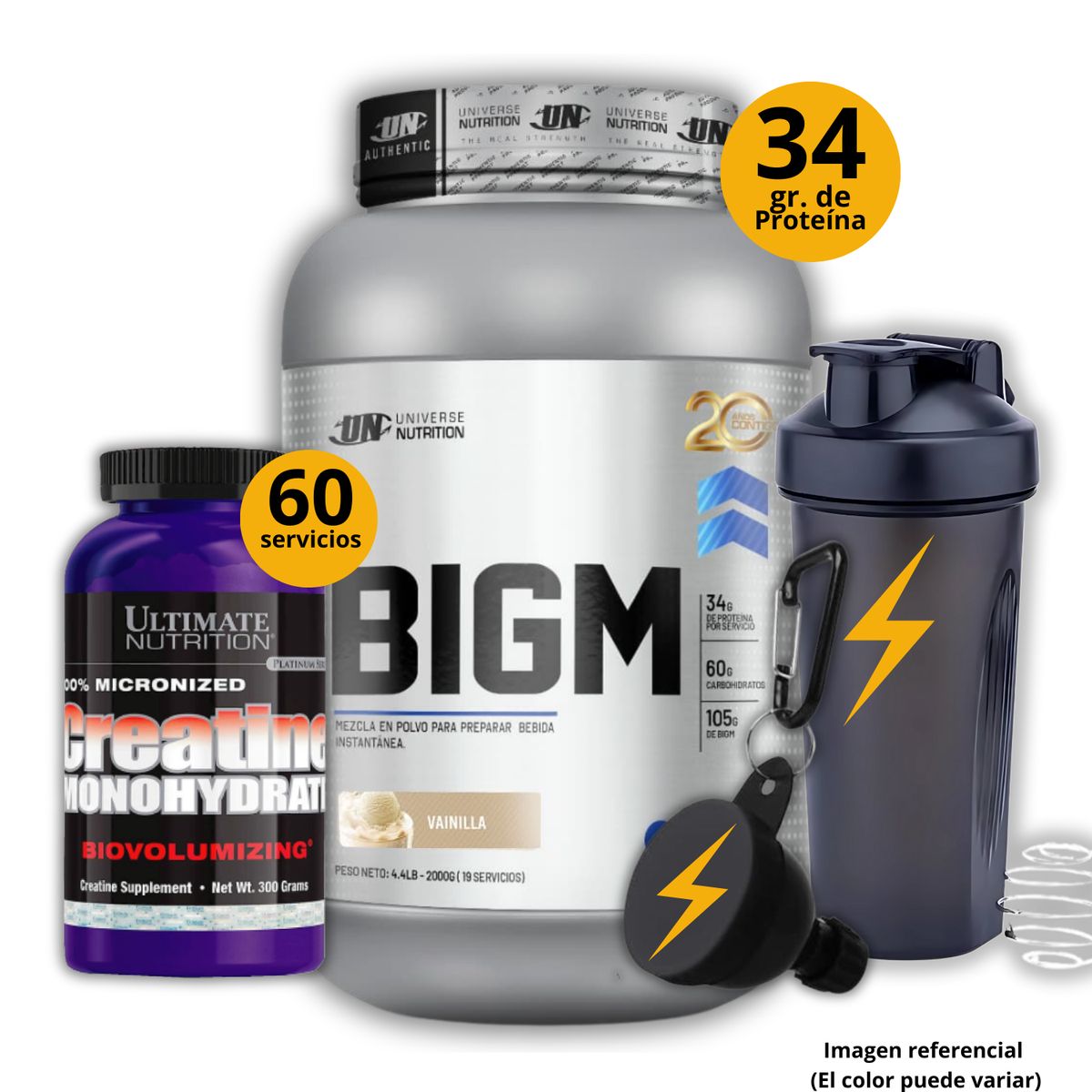 ULTIMATE NUTRITION - Ganador de masa Big M de 2kg Vainilla + Creatina Ultimate Nutrition 300gr + regalos