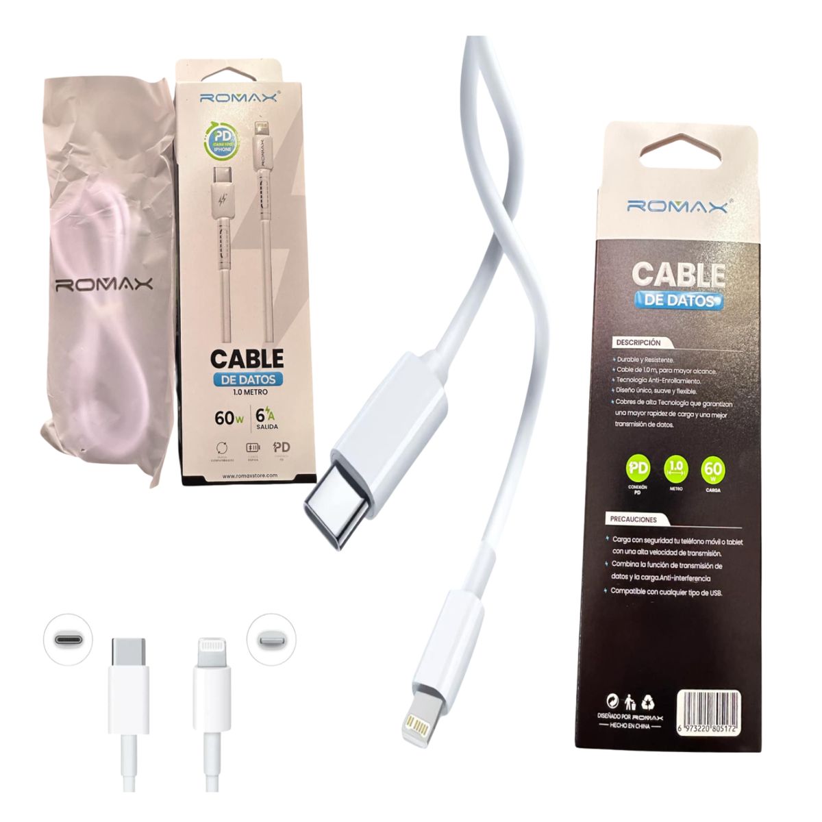 GENERICO - CABLE DE CARGA TIPO C A LIGHTNING 60W 6A 1MT ROMAX BLANCO