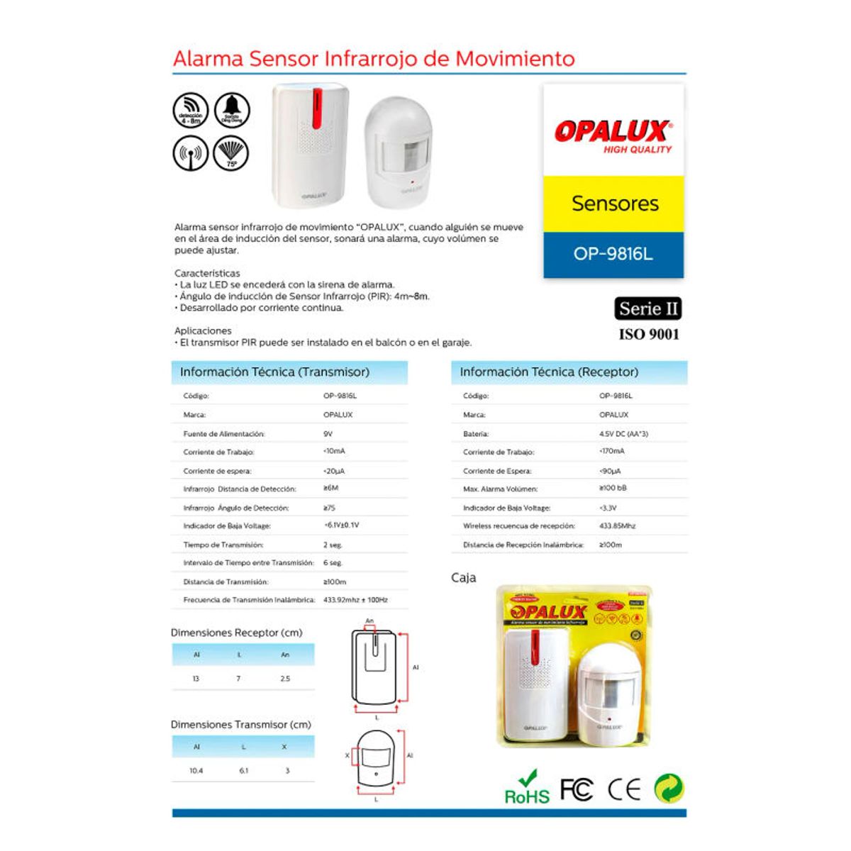 OPALUX - Sensor Inalambrico de Movimiento Opalux Op-9816l