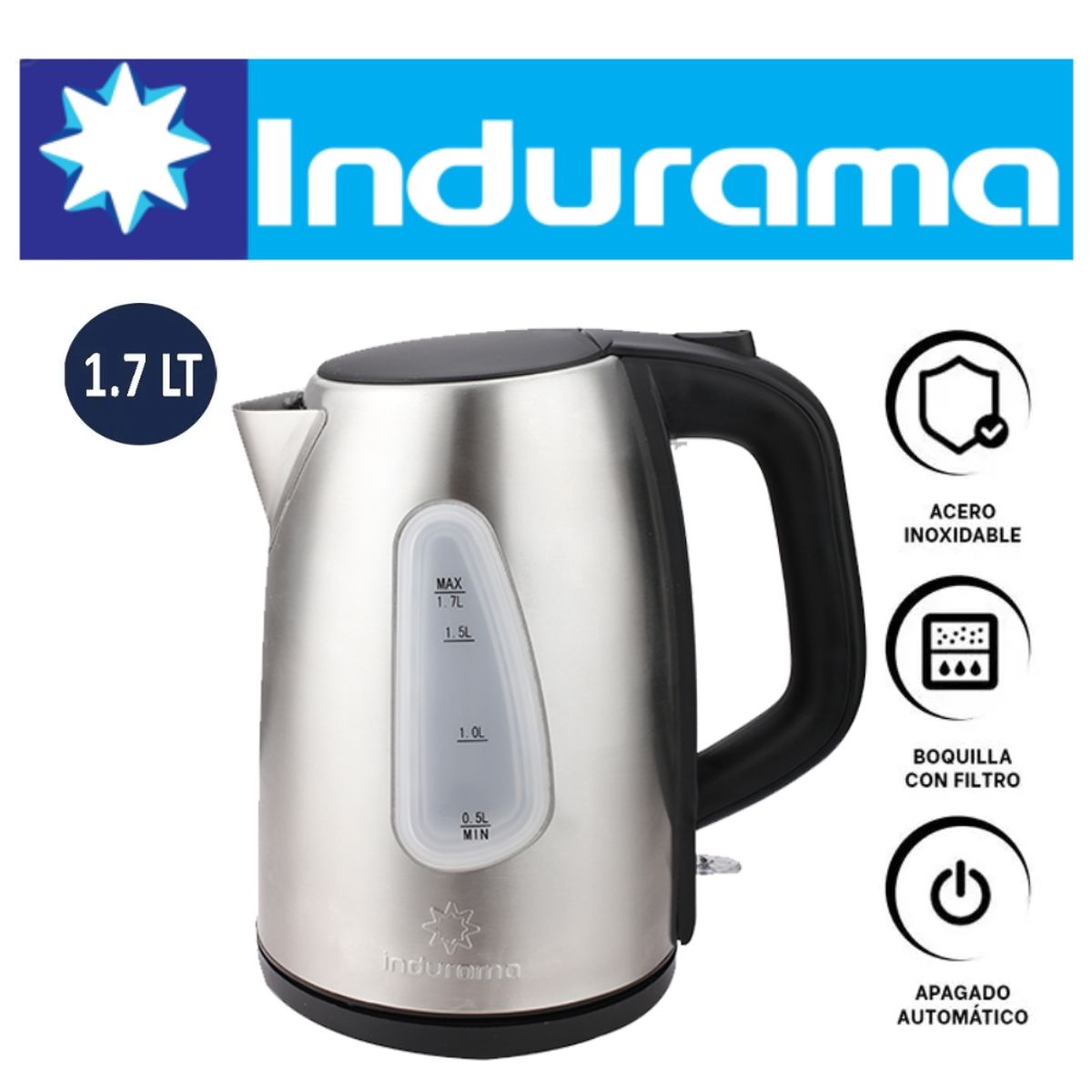 INDURAMA - HERVIDOR ELÉCTRICO 17L INDURAMA COLOR PLATEADO C NEGRO