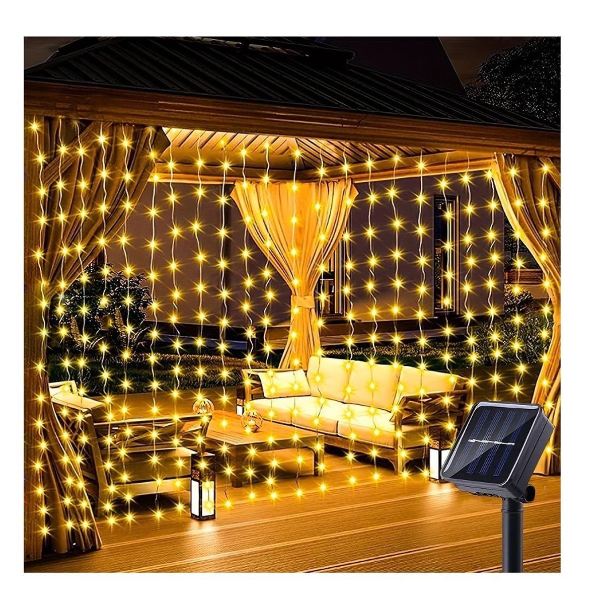 GENERICO - Cascada de Luces led con panel solar Cortina 3mts x 3mts Ambar