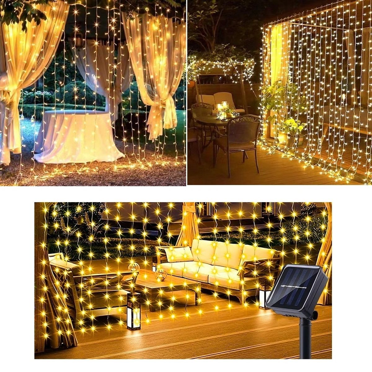 GENERICO - Cascada de Luces led con panel solar Cortina 3mts x 3mts Ambar