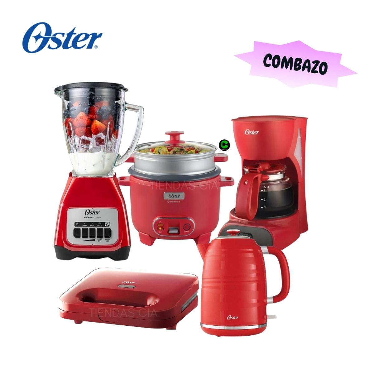 OSTER - Combazo Oster 5 en 1 Licuadora + Hervidor + Arrocera+ Sandwichera y Cafetera