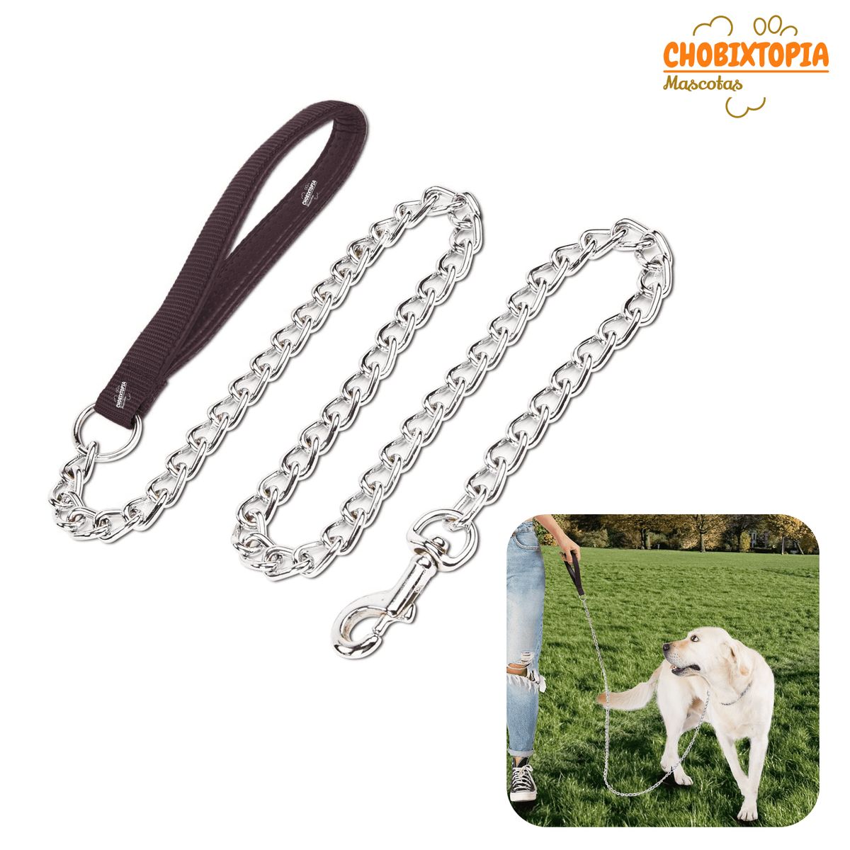 GENERICO - CORREA METÁLICA ANTIMORDIDAS PARA PERROS NEGRA - 120cm