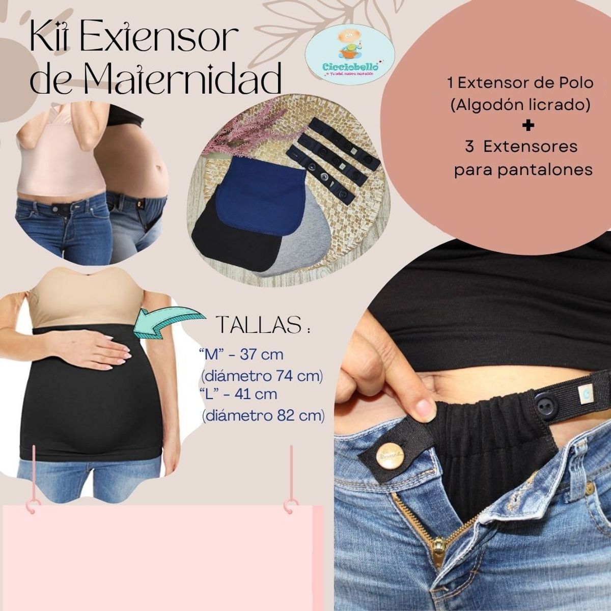 GENERICO - Kit Alargador Pantalón y Extensor Polo p Embarazada Cicciobello