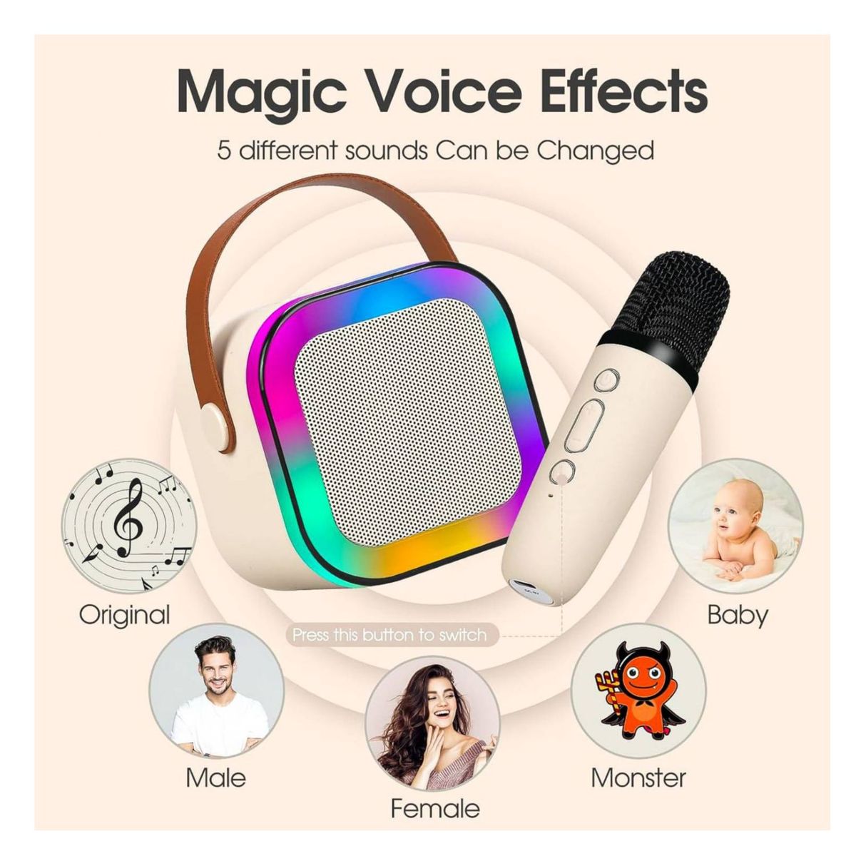 GENERICO - Parlante Karaoke K12 Bluetooth Luces RGB 01 Micrófono - Beige