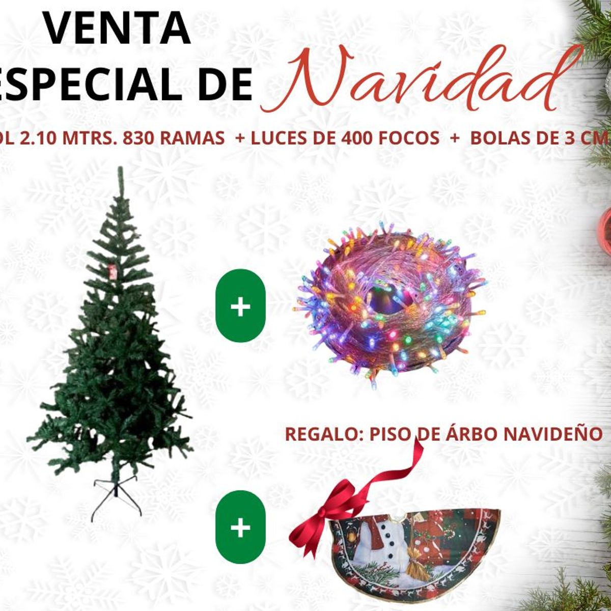 GENERICO - Pack ÁRBOL NAVIDAD 2.10 MTRS. 830 RAMAS + LUCES MULTICOLOR 50 M DE 400 FOCOS (incluye regalo piso de arbol)